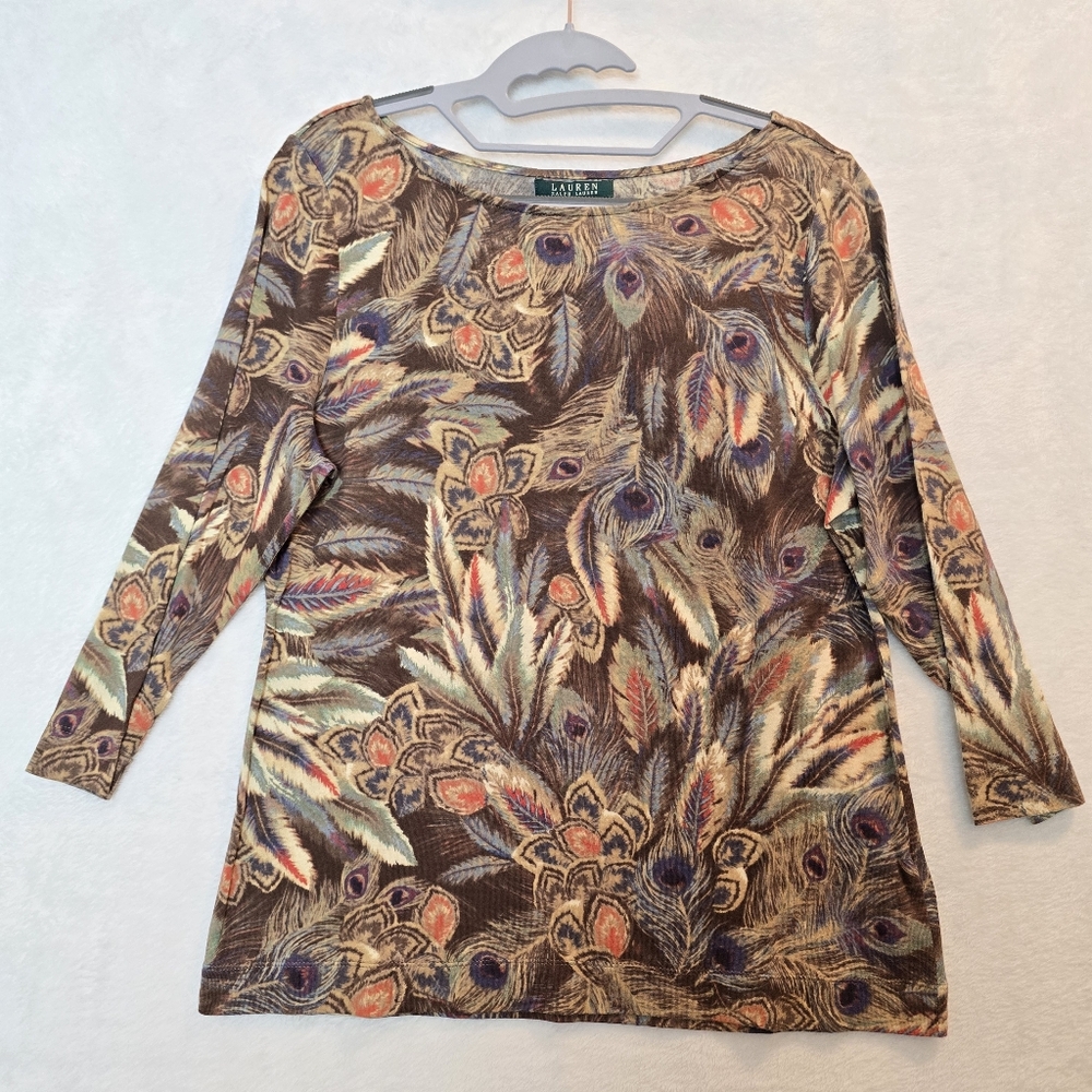 Lauren Ralph Lauren Womens T-Shirt Brown Feathers Boat Neck 100% Cotton XL